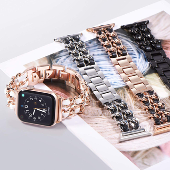 За Apple 9-то поколение Chanel Fashion метална кожена каишка iwatch87654 с двоен ред дънкова верижка se каишка за гривна