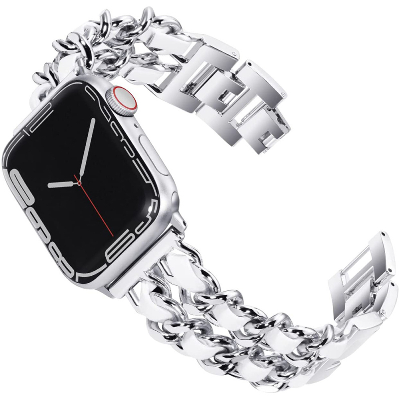 Pre Apple 9. generáciu Chanel Fashion Metal kožený remienok iwatch87654 Double Row Denim Chain se Wristband