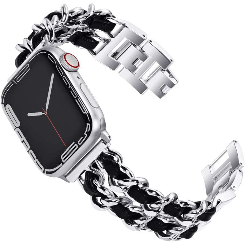 Pre Apple 9. generáciu Chanel Fashion Metal kožený remienok iwatch87654 Double Row Denim Chain se Wristband