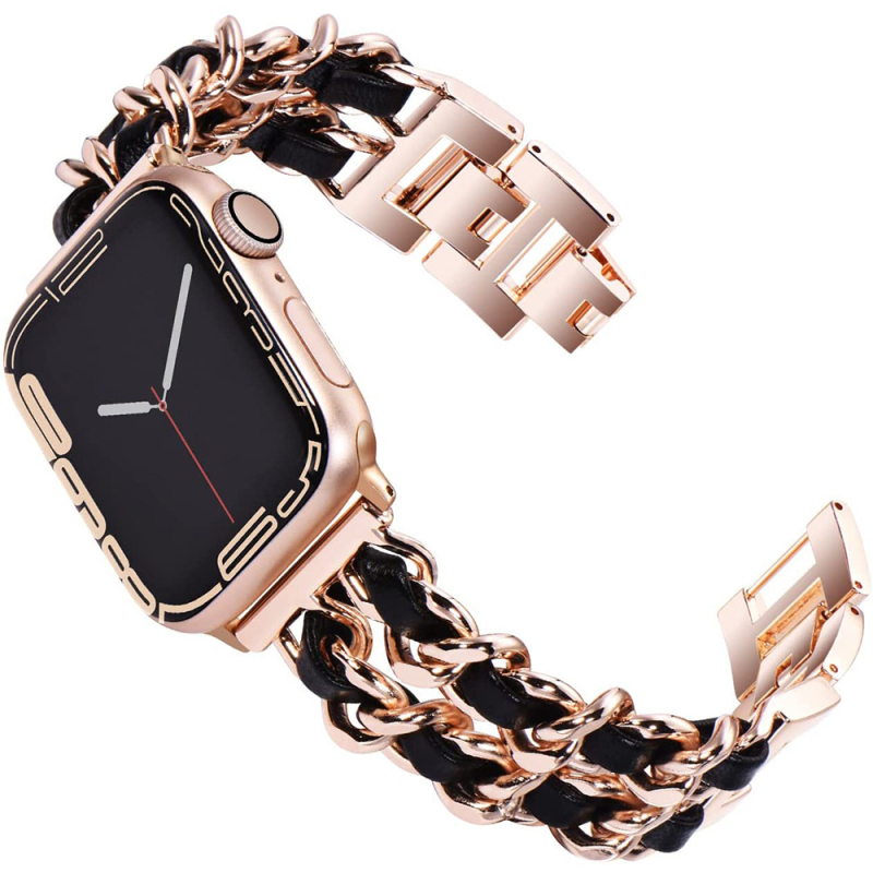 Pre Apple 9. generáciu Chanel Fashion Metal kožený remienok iwatch87654 Double Row Denim Chain se Wristband