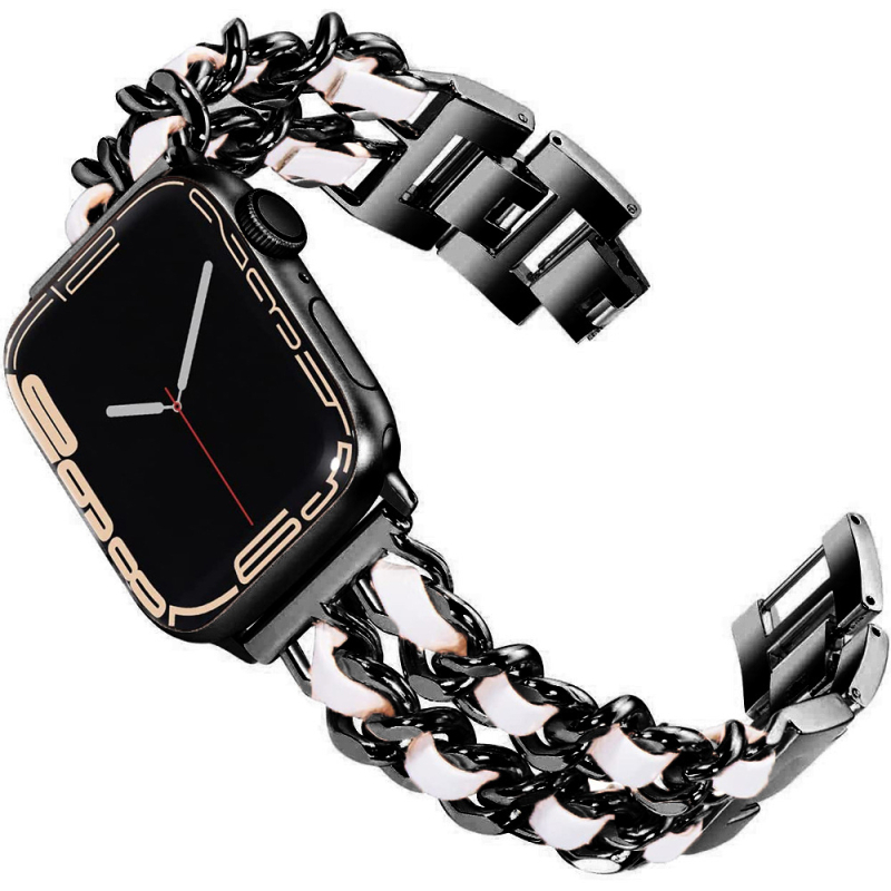 Pre Apple 9. generáciu Chanel Fashion Metal kožený remienok iwatch87654 Double Row Denim Chain se Wristband