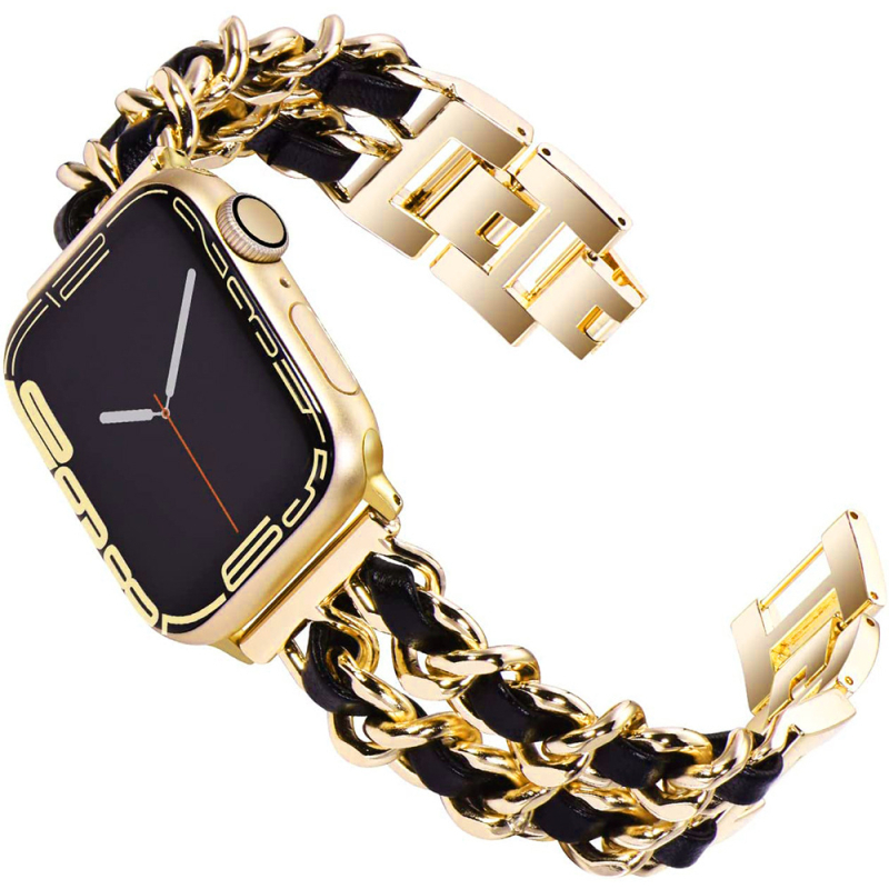 Pre Apple 9. generáciu Chanel Fashion Metal kožený remienok iwatch87654 Double Row Denim Chain se Wristband