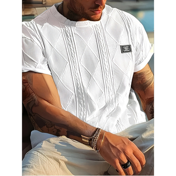 2025 Ευρωπαϊκό και Αμερικανικό Διασυνοριακό Ανδρικό Μπλουζάκι με Γεωμετρικό Κεντημένο Λογότυπο, Casual, Κοντομάνικο - Ελαφρύ, Ελαστικό, Στρογγυλό Στυλ Ζακάρ