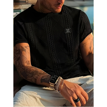 2025 Ευρωπαϊκό και Αμερικανικό Διασυνοριακό Ανδρικό Μπλουζάκι με Γεωμετρικό Κεντημένο Λογότυπο, Casual, Κοντομάνικο - Ελαφρύ, Ελαστικό, Στρογγυλό Στυλ Ζακάρ