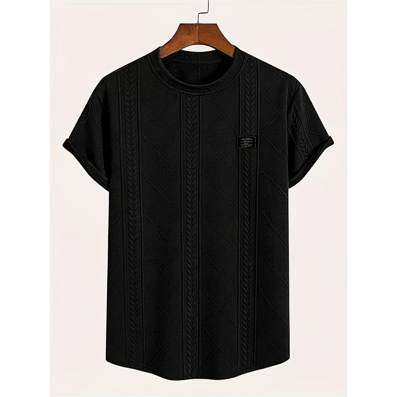2025-ös európai és amerikai, határokon átnyúló férfi méretű, geometrikus hímzett logós, alkalmi, rövid ujjú póló - könnyű, rugalmas, kerek nyakú, jacquard stílusú