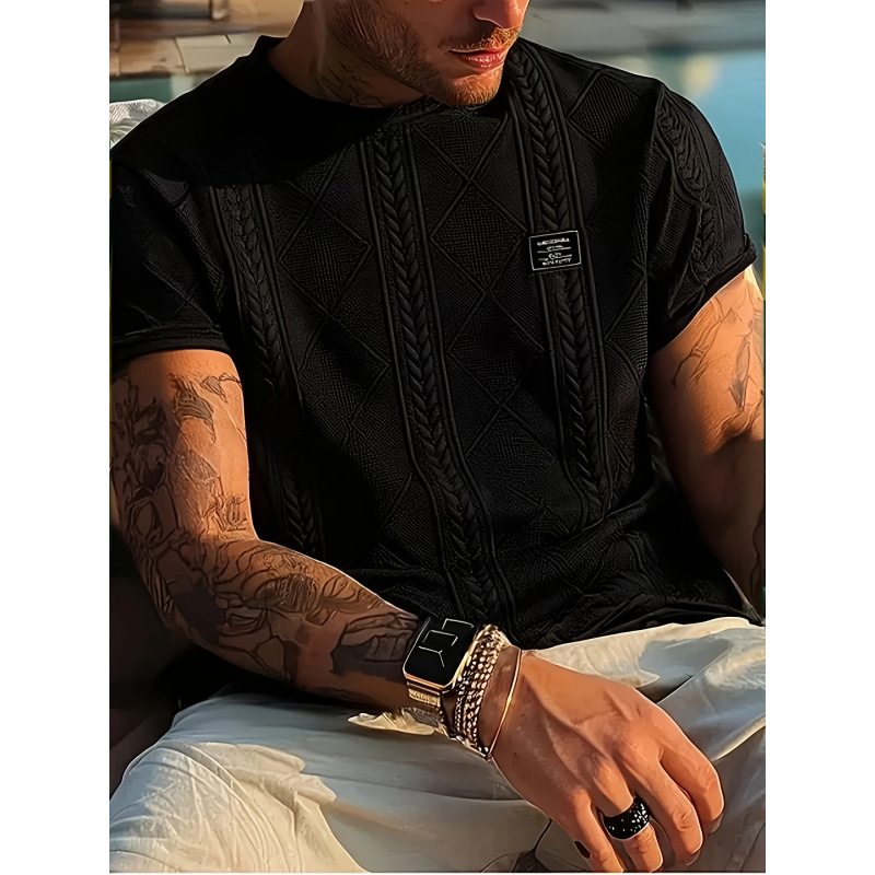 2025-ös európai és amerikai, határokon átnyúló férfi méretű, geometrikus hímzett logós, alkalmi, rövid ujjú póló - könnyű, rugalmas, kerek nyakú, jacquard stílusú