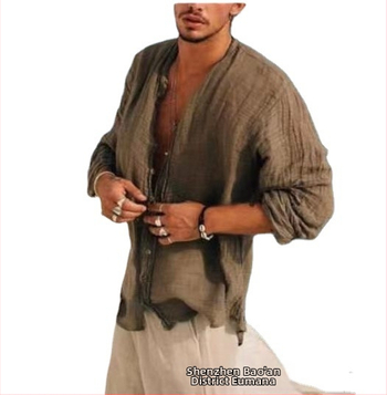 Мъжка риза с независима яка Amazon Independent Stand, плътен цвят на петна, ежедневна, свободна, зимна, младежка, кафява