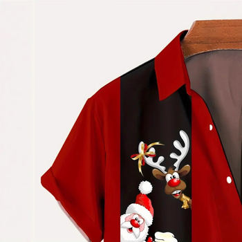 Мъжка хавайска риза с къс ръкав и ревер, дясно рамо, стил на копчета, коледна серия, 3D печат