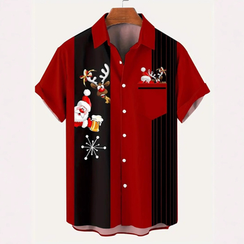 Мъжка хавайска риза с къс ръкав и ревер, дясно рамо, стил на копчета, коледна серия, 3D печат