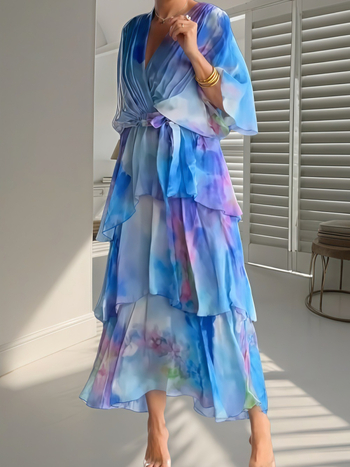 Ευρωπαϊκή και αμερικανική διασυνοριακή Amazon Νέα ρούχα εργασίας με σιφόν και λαιμόκοψη V για γιορτές και πάρτι, casual φόρεμα για τούρτα