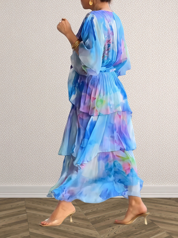 Ευρωπαϊκή και αμερικανική διασυνοριακή Amazon Νέα ρούχα εργασίας με σιφόν και λαιμόκοψη V για γιορτές και πάρτι, casual φόρεμα για τούρτα