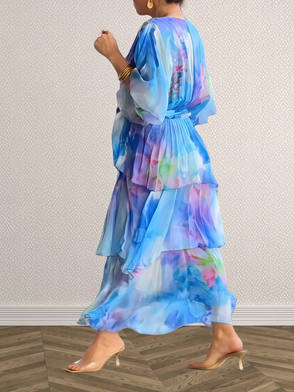 Euroopa ja Ameerika piiriülene Amazoni uus V-kaelusega šifoonist trükitud pühadepeo tööriietus vabaaja koogikleit