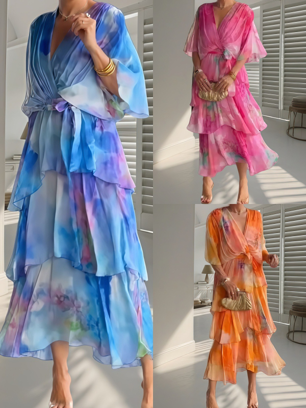 Euroopa ja Ameerika piiriülene Amazoni uus V-kaelusega šifoonist trükitud pühadepeo tööriietus vabaaja koogikleit