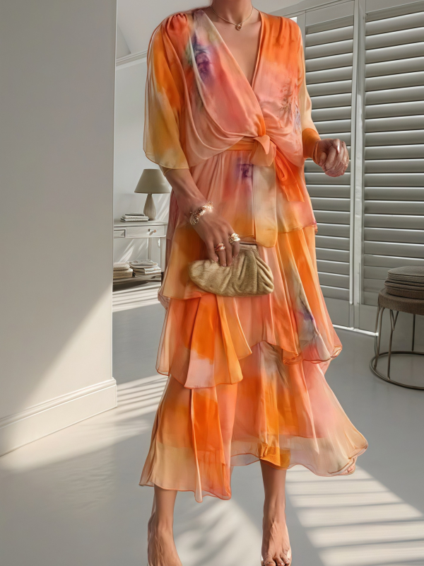 Euroopa ja Ameerika piiriülene Amazoni uus V-kaelusega šifoonist trükitud pühadepeo tööriietus vabaaja koogikleit