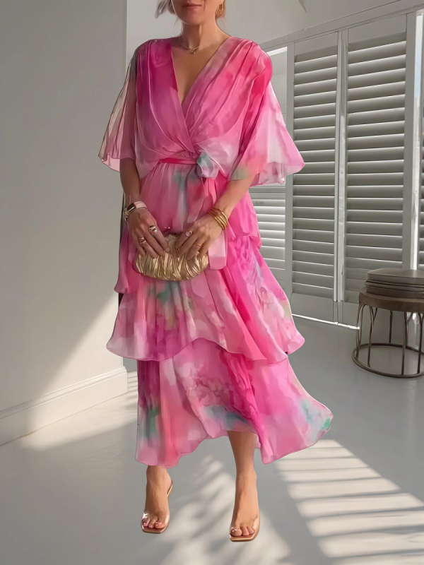 Euroopa ja Ameerika piiriülene Amazoni uus V-kaelusega šifoonist trükitud pühadepeo tööriietus vabaaja koogikleit