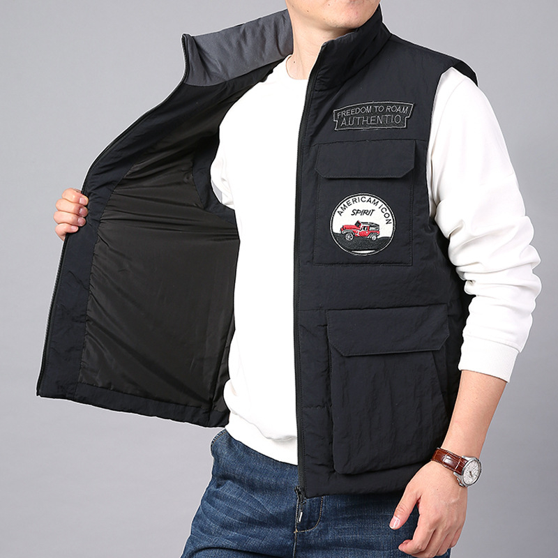 Vyriška pūkinė medvilninė liemenė rudeniui ir žiemai, daugiakišenė darbo liemenė, vilnos pamušalas, storas šiltas paltas, vyriška juoda liemenė, madinga