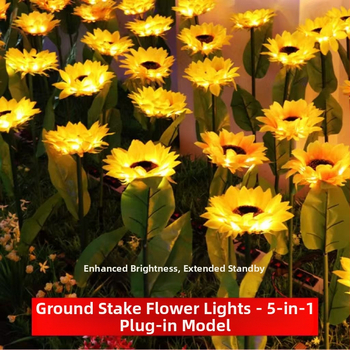 LED vieno–penkių tipų kišamieji toršerai, saulėgrąžų žibintai, lauko sodo kiemo dekoratyviniai šviestuvai, saulės energija varomi žolės žibintai