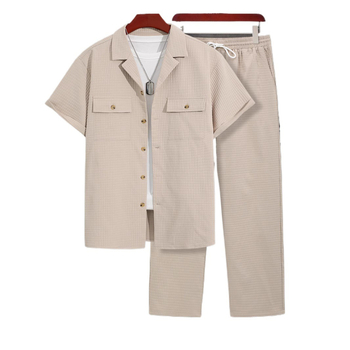 Pluss-suuruses väliskaubanduse piiriülene 3XL 4XL ruuduline meeste vabaaja ülikonnakraega särgi ja pükste komplekt meestele