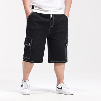 Еластични дънки за мъже, големи размери, еластична талия, работно облекло, дънкови шорти, мъжки свободни прави панталони с висока талия, дънкови средни панталони за мъже