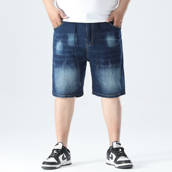 Meeste pluss-suuruses suvised uued saabumise pestud teksariidest lühikesed püksid, meeste lahtised ülisuured paksukese staggy vöökohaga püksid