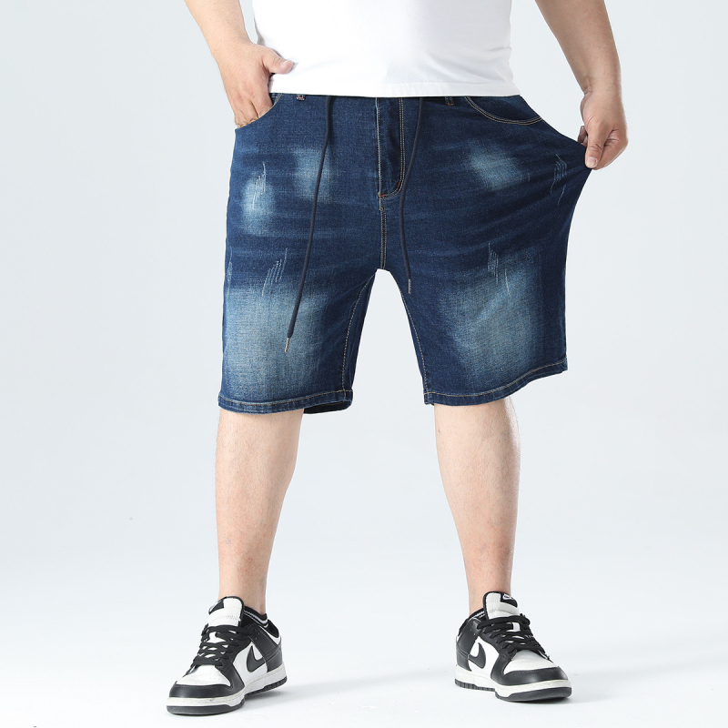 Meeste pluss-suuruses suvised uued saabumise pestud teksariidest lühikesed püksid, meeste lahtised ülisuured paksukese staggy vöökohaga püksid