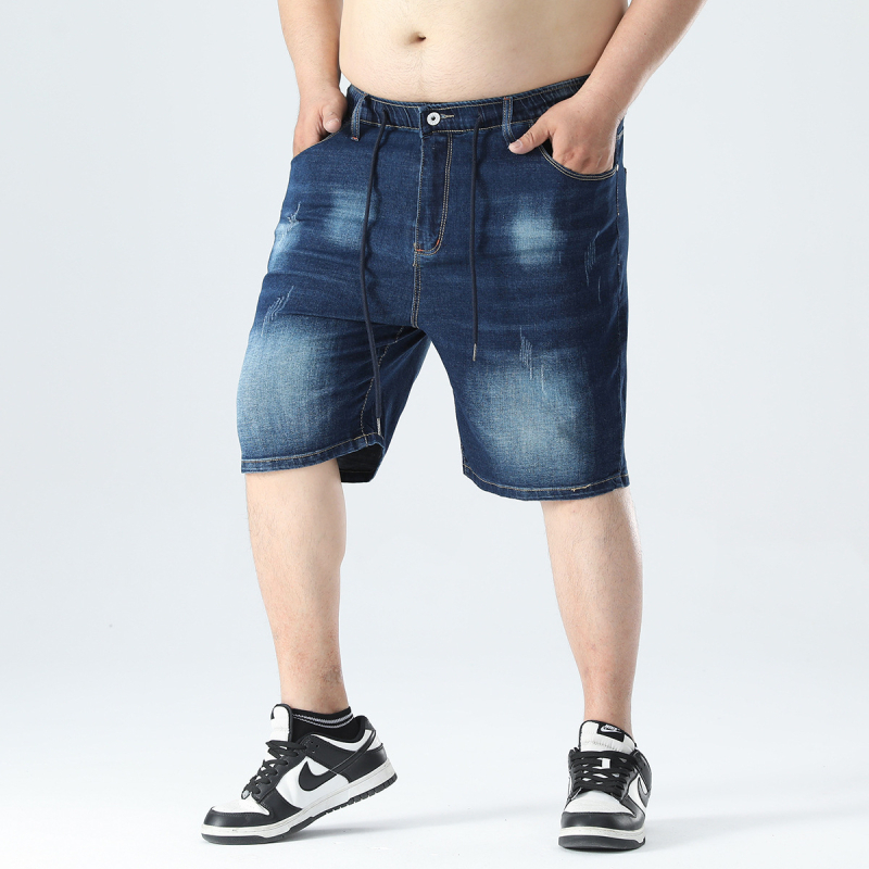 Meeste pluss-suuruses suvised uued saabumise pestud teksariidest lühikesed püksid, meeste lahtised ülisuured paksukese staggy vöökohaga püksid