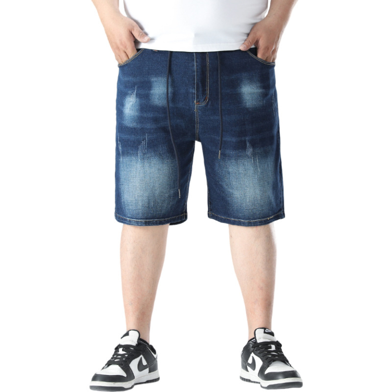 Meeste pluss-suuruses suvised uued saabumise pestud teksariidest lühikesed püksid, meeste lahtised ülisuured paksukese staggy vöökohaga püksid