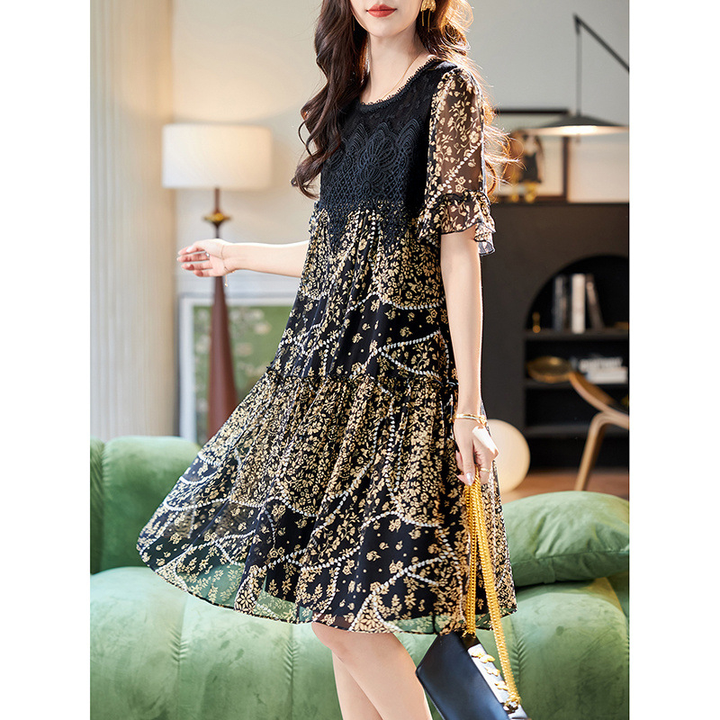 Boshili kampsunkaelusega polüester/polüester (polüester) A-lõikeline seelik Lühikeste varrukatega kleit Suvine lai elegantne keskmise suurusega kleit