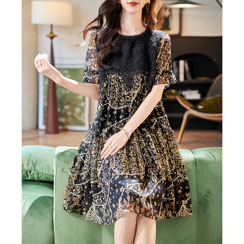 Boshili kampsunkaelusega polüester/polüester (polüester) A-lõikeline seelik Lühikeste varrukatega kleit Suvine lai elegantne keskmise suurusega kleit