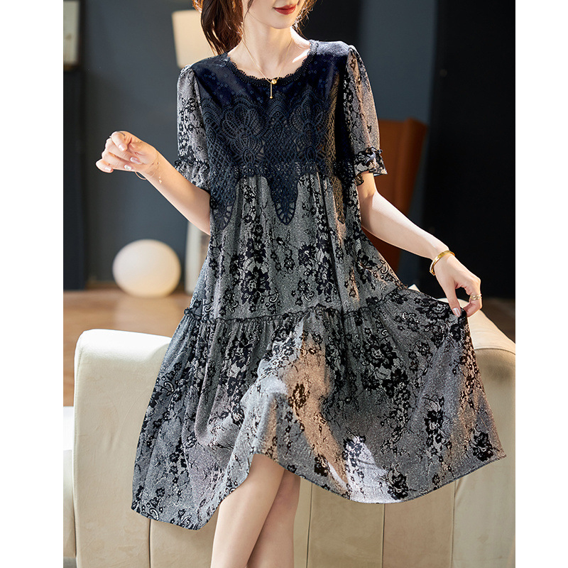 Boshili kampsunkaelusega polüester/polüester (polüester) A-lõikeline seelik Lühikeste varrukatega kleit Suvine lai elegantne keskmise suurusega kleit