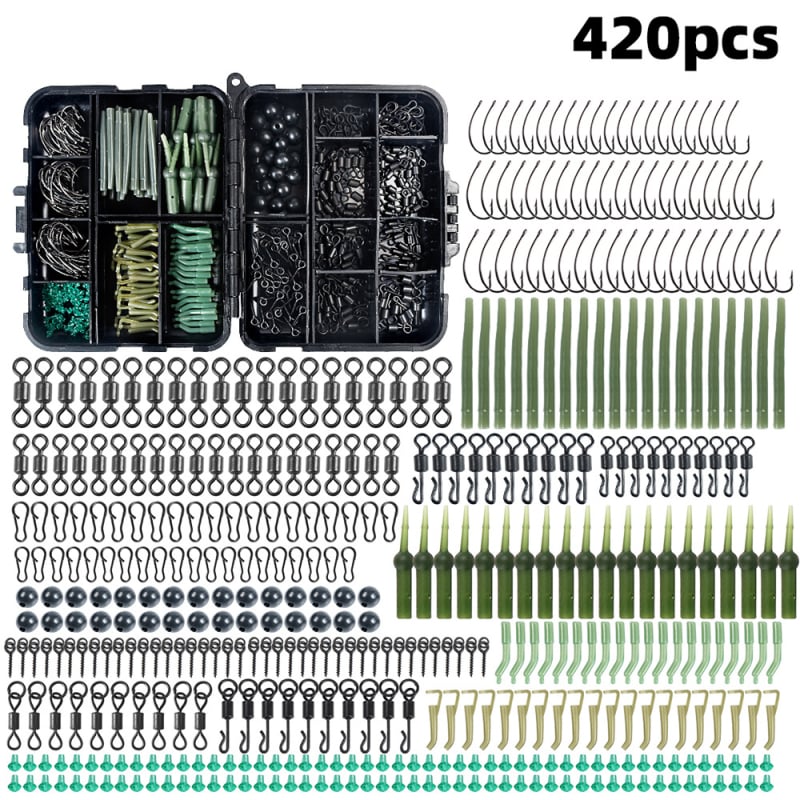 420 pārrobežu Eiropas stila karpu makšķerēšanas piederumu komplekti, kas piemēroti āķiem, pieturas pupiņām, grozāmiem makšķerēšanas rīkiem