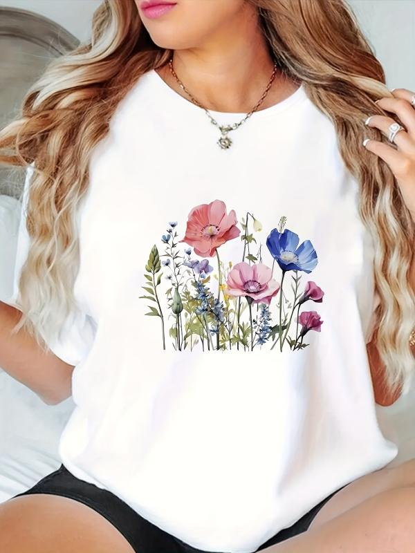 Naiste lillelise mustriga ümara kaelusega T-särk - erksavärviline lillemuster, hingav veniv kangas, masinpestav