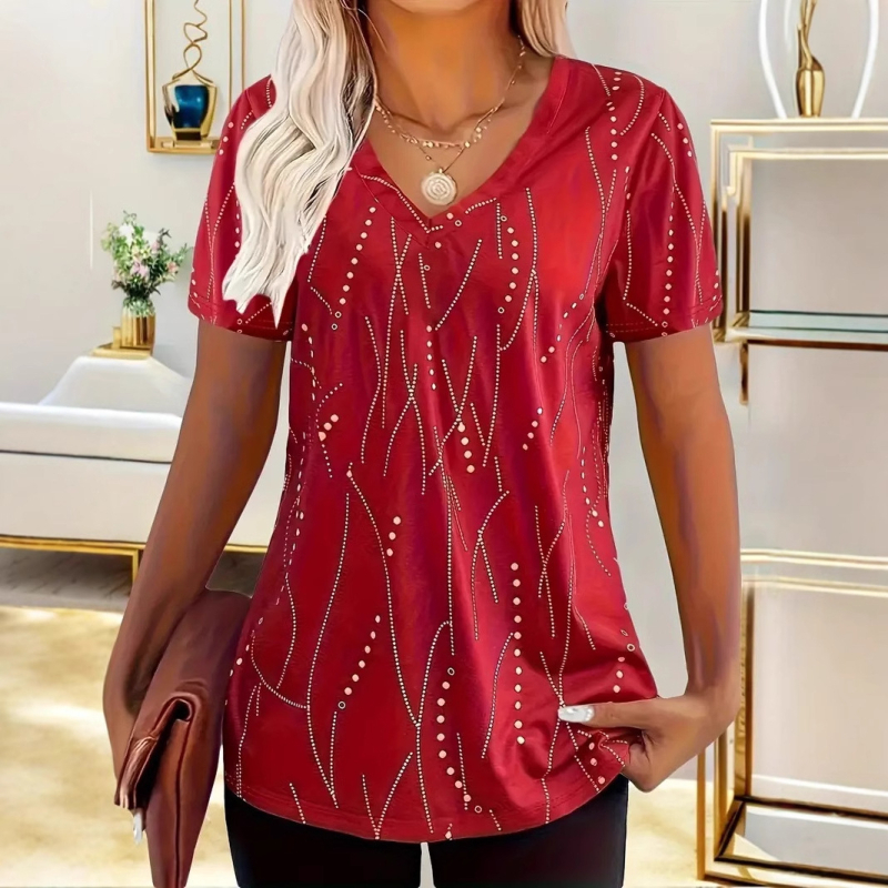 2024-es akciós egyszerű vonalvezetésű 3D digitális nyomtatású női hétköznapi, laza, hálós, lélegző, rövid ujjú, V-nyakú póló