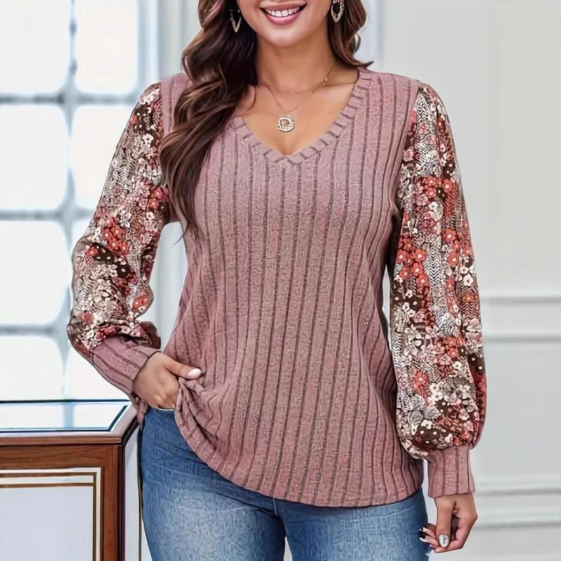 Sügis 2024 Euroopa ja Ameerika Ühendriikide piiriülene Amazoni sõltumatu jaama uus naiste mood lilleprindiga laternavarrukaga T-särk