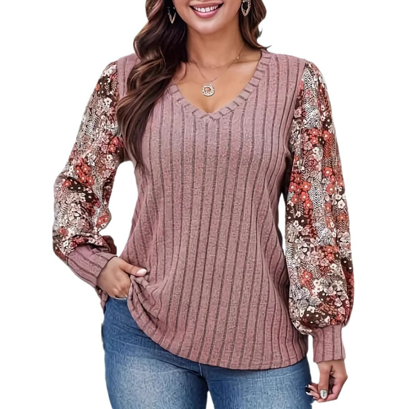 Sügis 2024 Euroopa ja Ameerika Ühendriikide piiriülene Amazoni sõltumatu jaama uus naiste mood lilleprindiga laternavarrukaga T-särk