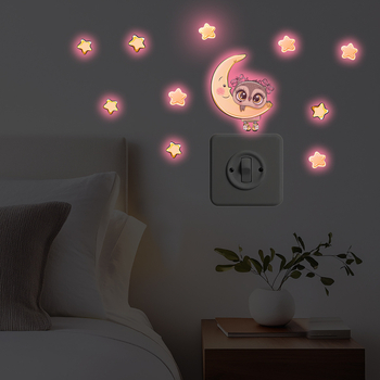 Νέο ACCYG025 Ροζ Φωσφορίζον Φεγγάρι Κουκουβάγια Αυτοκόλλητο με Διακόπτη για Παιδικό Δωμάτιο, Σαλόνι, Αυτοκόλλητο τοίχου