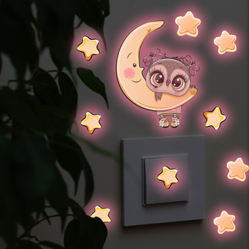 Νέο ACCYG025 Ροζ Φωσφορίζον Φεγγάρι Κουκουβάγια Αυτοκόλλητο με Διακόπτη για Παιδικό Δωμάτιο, Σαλόνι, Αυτοκόλλητο τοίχου