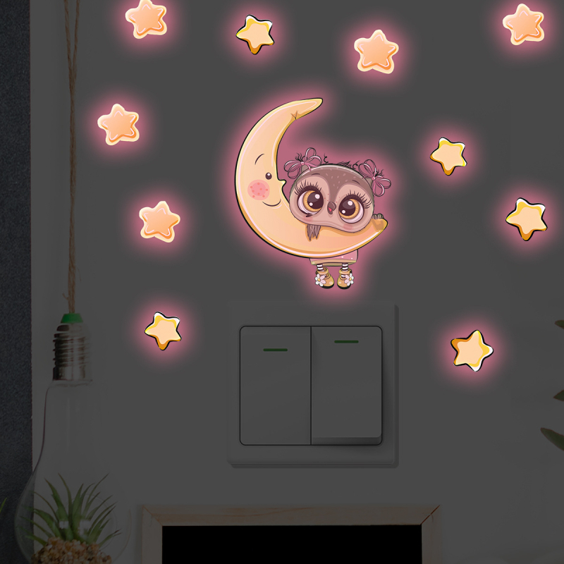 Uus ACCYG025 roosa helesinine kuu-öökulli lüliti kleebis lastetoa elutoa seinale