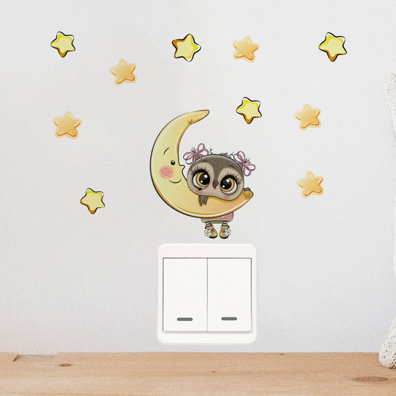 Uus ACCYG025 roosa helesinine kuu-öökulli lüliti kleebis lastetoa elutoa seinale