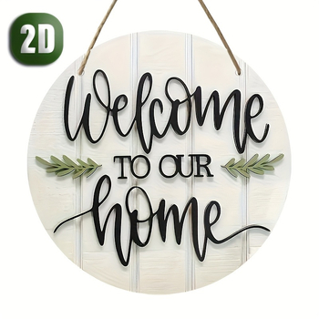2X vintažinis medinis pasveikinimo ženklas – „Sveiki atvykę į mūsų namus“ apvalus sienos dekoras su žaliais lapais