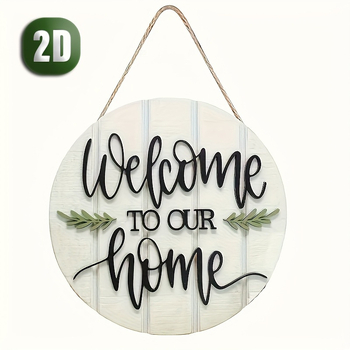 2X vintažinis medinis pasveikinimo ženklas – „Sveiki atvykę į mūsų namus“ apvalus sienos dekoras su žaliais lapais