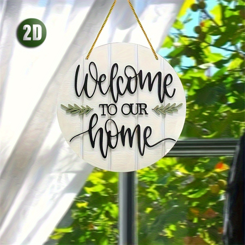 2X vintažinis medinis pasveikinimo ženklas – „Sveiki atvykę į mūsų namus“ apvalus sienos dekoras su žaliais lapais