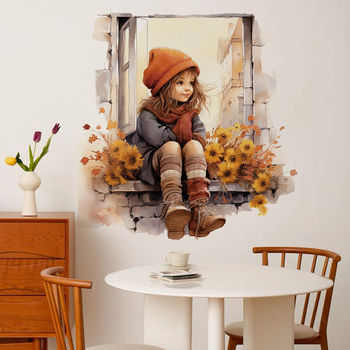 CH66006 langas, maža mergaitė, 3D stereoskopinis svetainės miegamojo fonas, siena, koridorius, veranda, fonas, dekoratyviniai lipdukai
