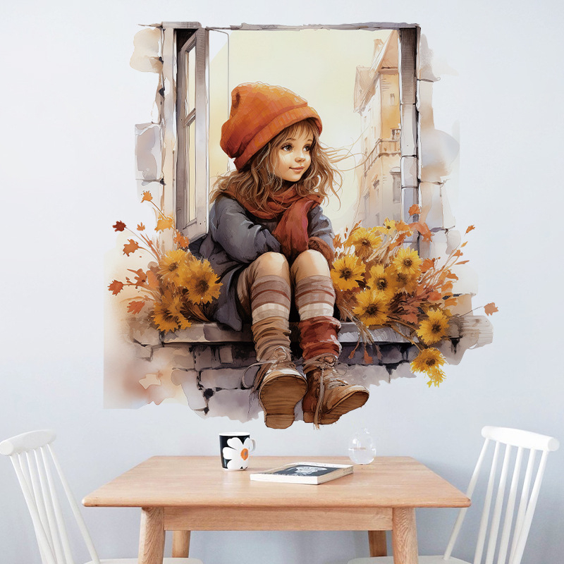 CH66006 langas, maža mergaitė, 3D stereoskopinis svetainės miegamojo fonas, siena, koridorius, veranda, fonas, dekoratyviniai lipdukai