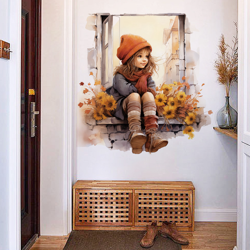 CH66006 langas, maža mergaitė, 3D stereoskopinis svetainės miegamojo fonas, siena, koridorius, veranda, fonas, dekoratyviniai lipdukai