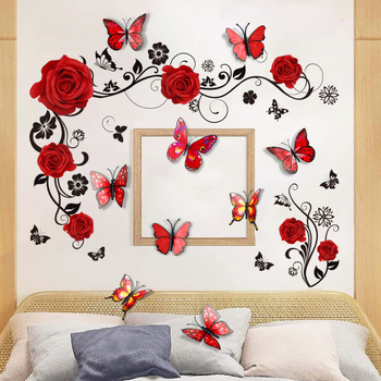 PY6002 MS2208 Αυτοκόλλητο τοίχου με λουλούδι και τριαντάφυλλο, τρισδιάστατο διακοσμητικό αυτοκόλλητο τοίχου με κόκκινη πεταλούδα και 12 τεμάχια