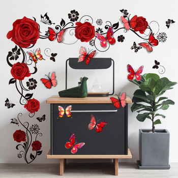 PY6002 MS2208 Αυτοκόλλητο τοίχου με λουλούδι και τριαντάφυλλο, τρισδιάστατο διακοσμητικό αυτοκόλλητο τοίχου με κόκκινη πεταλούδα και 12 τεμάχια