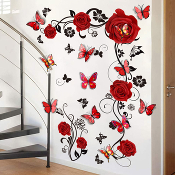 PY6002 MS2208 Αυτοκόλλητο τοίχου με λουλούδι και τριαντάφυλλο, τρισδιάστατο διακοσμητικό αυτοκόλλητο τοίχου με κόκκινη πεταλούδα και 12 τεμάχια