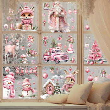 Rožinis kalėdinis lipdukas, dvipusis efektas, sniego senis, senas elnias, vakarėlis, dekoratyvinis vitrinos lipdukas, stiklinės durys, dekoratyvinis lango lipdukas