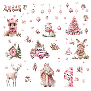 Rožinis kalėdinis lipdukas, dvipusis efektas, sniego senis, senas elnias, vakarėlis, dekoratyvinis vitrinos lipdukas, stiklinės durys, dekoratyvinis lango lipdukas